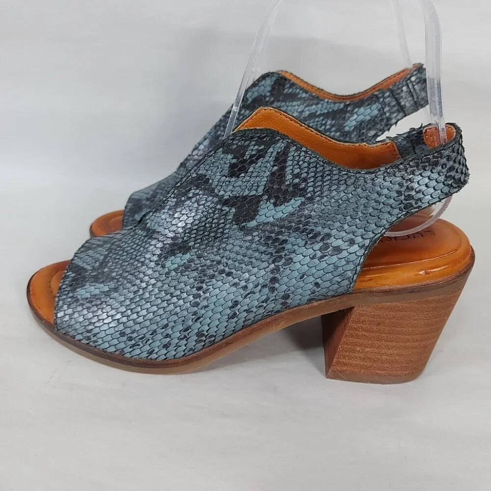 Lucky Brand Peep Toe Sankeskin Cutout Chunky Heel Rhazy Slingback Sandals 5.5 M
